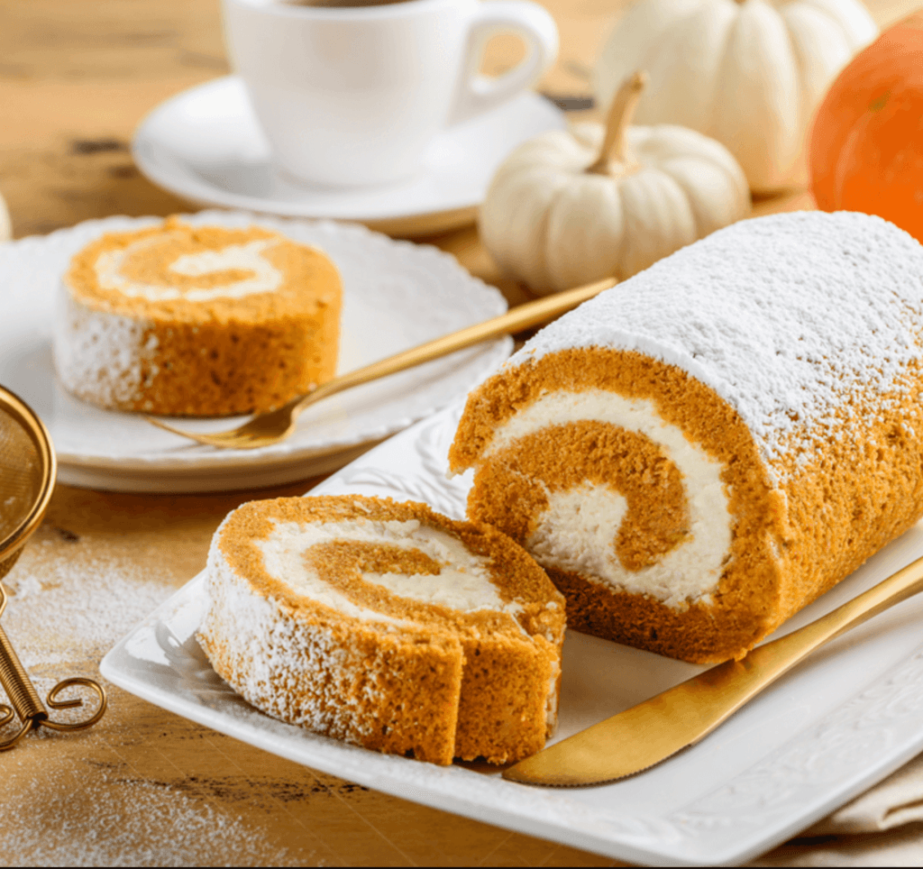 Libby's pumpkin roll sliced on a serving plate