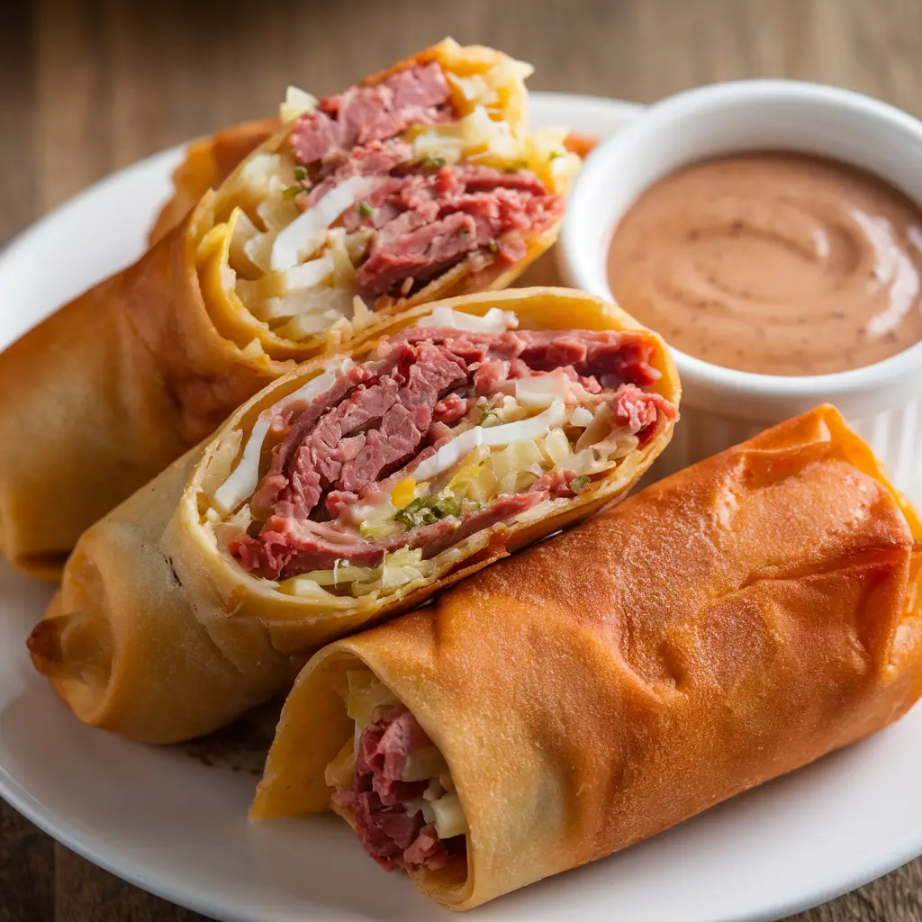 Crispy Reuben egg rolls with dipping sauce on a plate