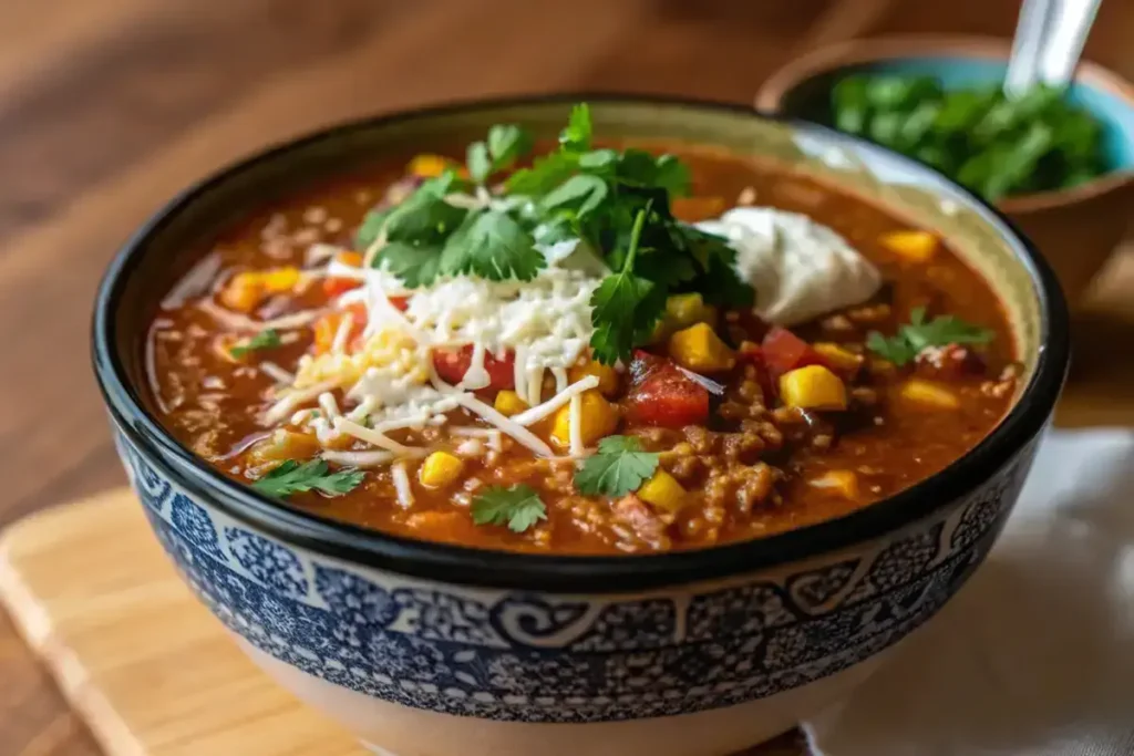 Taco soup frios served in a glass bowl