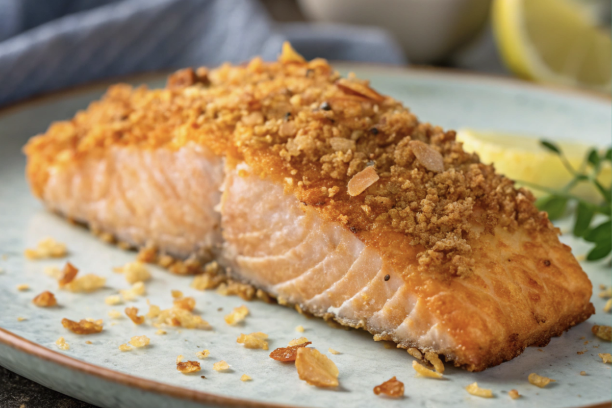 Perfectly cooked air fry frozen salmon fillet on a plate.