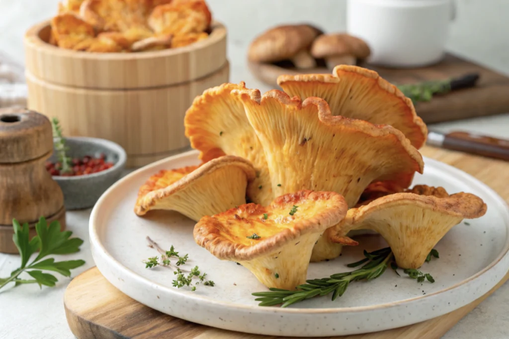 Delicious baked chicken of the woods mushrooms on a plate.