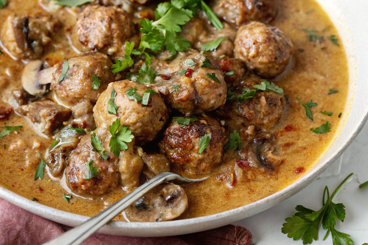 Delicious beef stroganoff meatballs served over noodles.