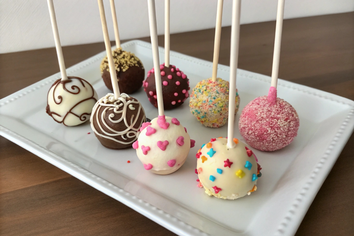 Different kinds of chocolate for cake pops on a wooden table.