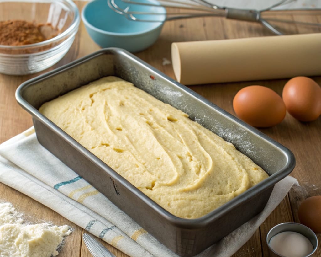 Cake mix baked in a loaf pan on a cooling rack