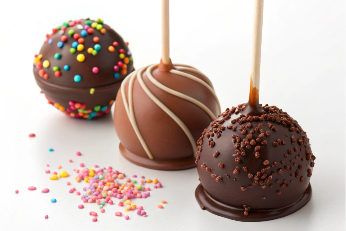 Cake pops coated with candy melts and chocolate side by side.