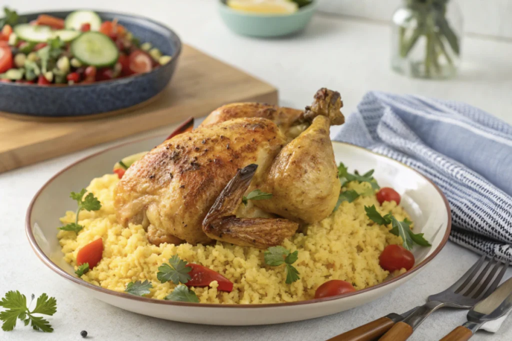 Ingredients for chicken and yellow rice recipe on a rustic table