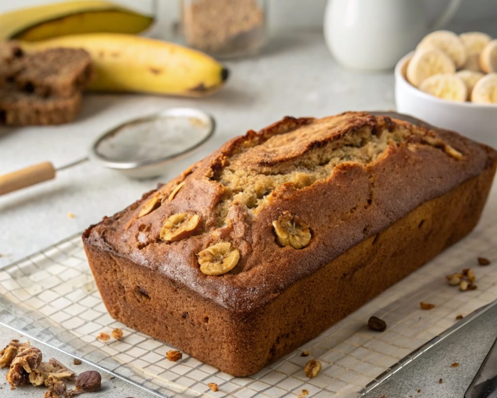 Collapsed banana bread loaf on a cooling rack