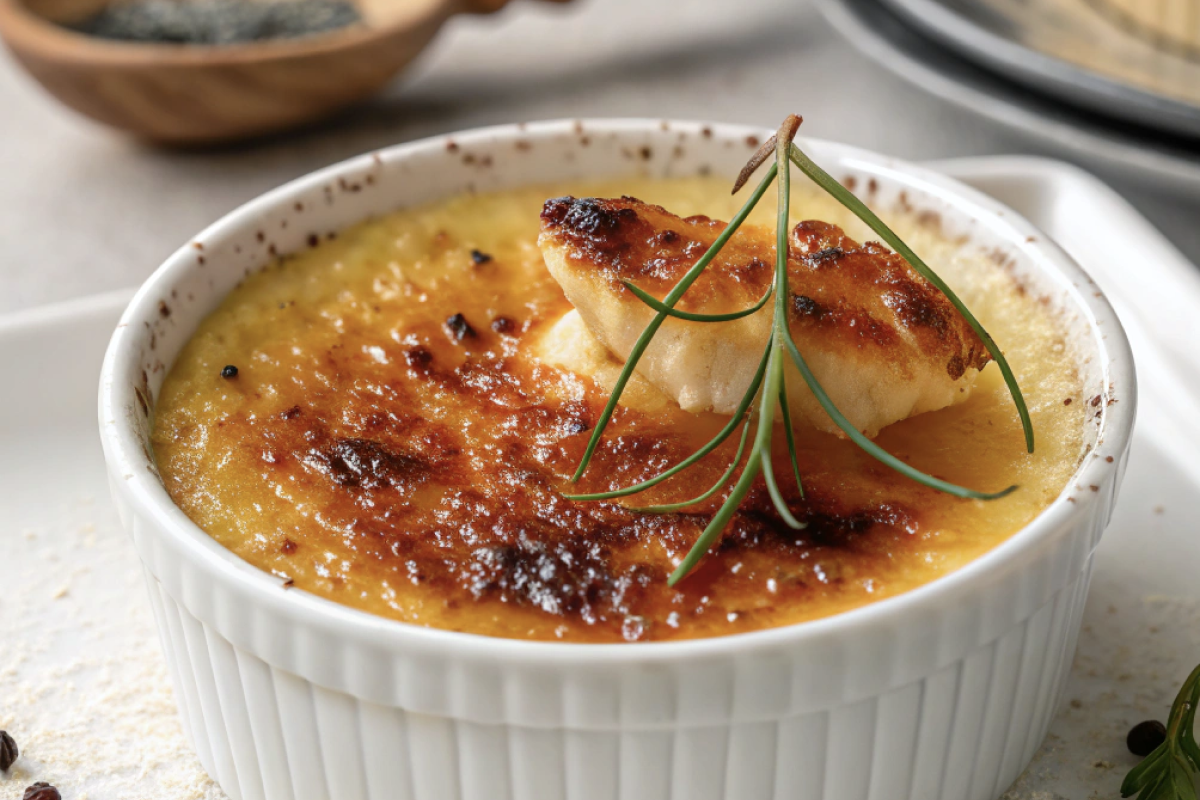 A ramekin of crab brulee with a caramelized sugar crust and a garnish of fresh herbs.