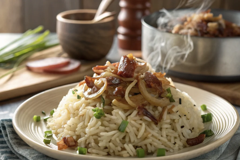 French onion rice garnished with parsley in a white bowl, served alongside a fresh salad and bread.