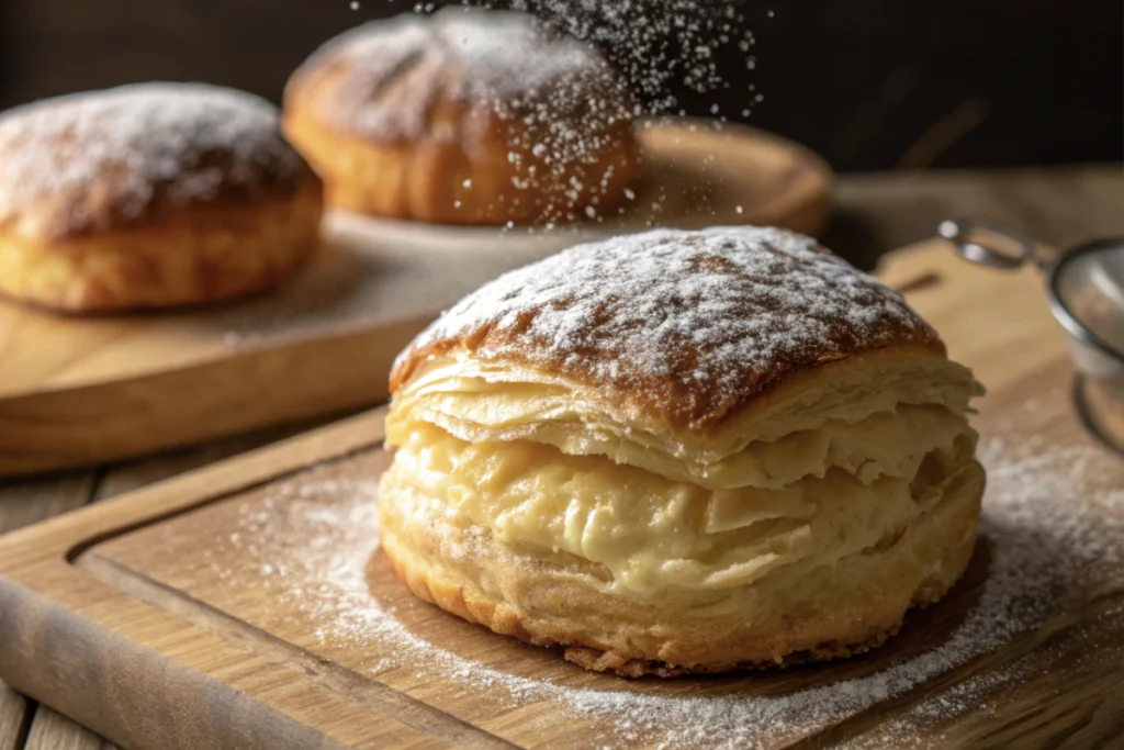 Freshly baked Gipfeli on a wooden tray, showcasing their golden brown layers.