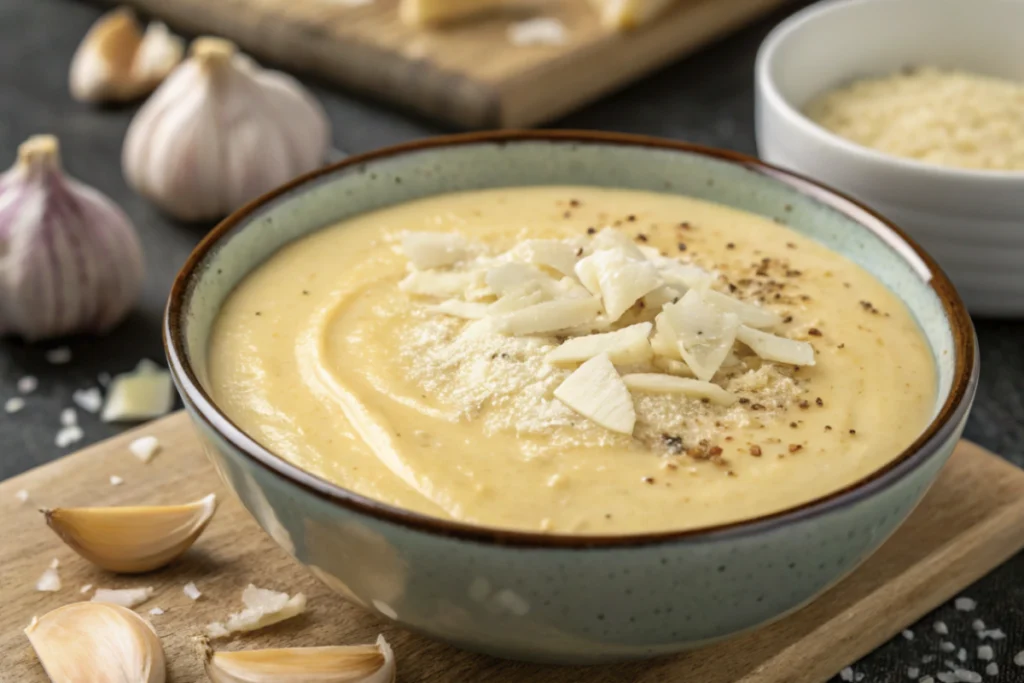 Fresh ingredients for making garlic Parmesan sauce on a wooden countertop.