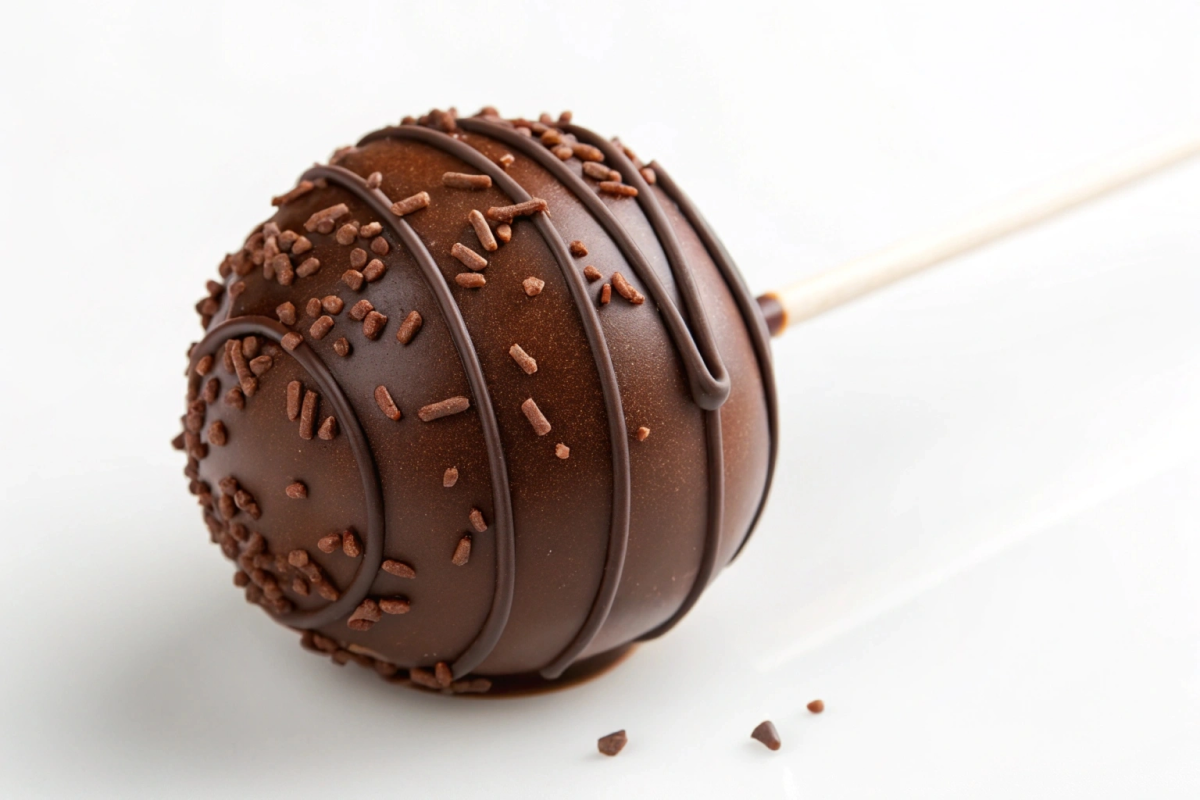 Chocolate cake pops decorated with colorful sprinkles on a white plate.