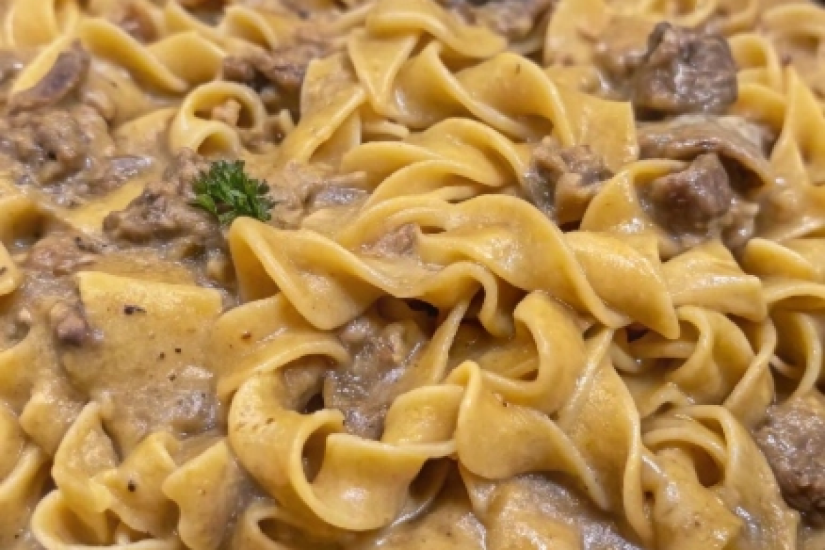 Hamburger helper beef stroganoff in a bowl, a quick family meal.