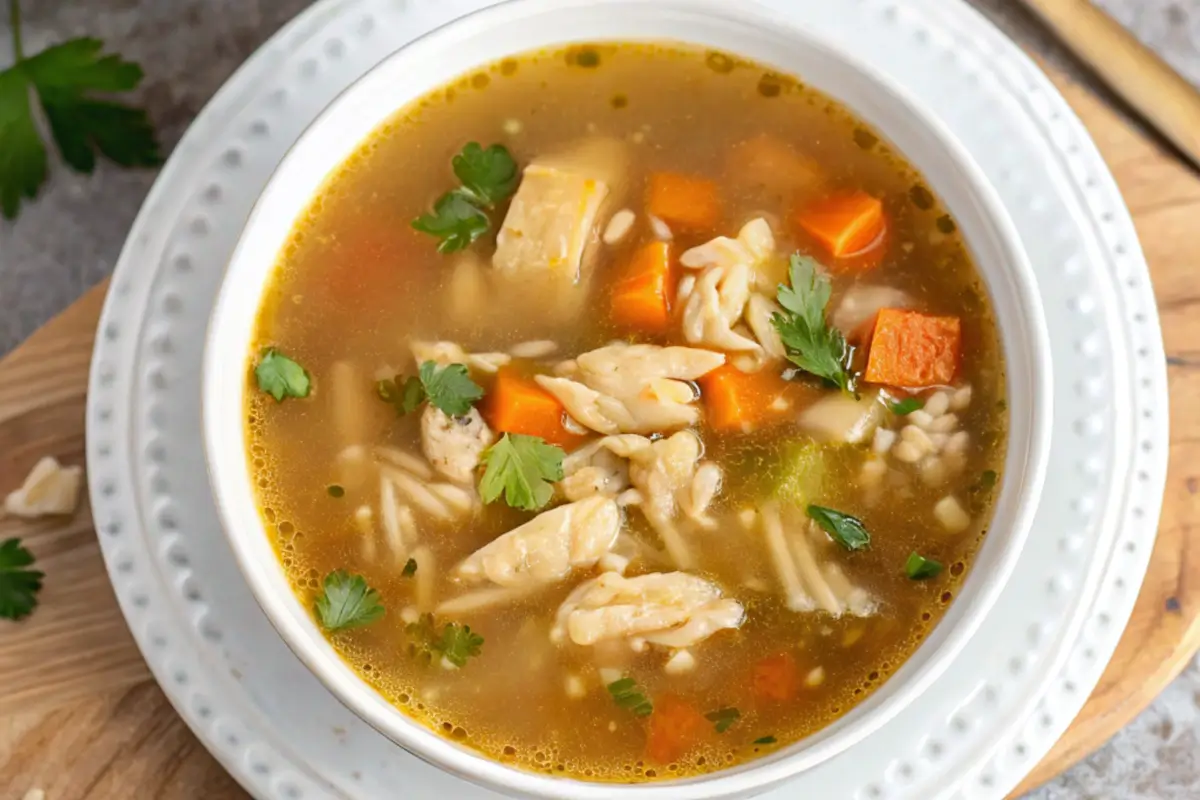 A bowl of steaming naturally made chicken bone broth.