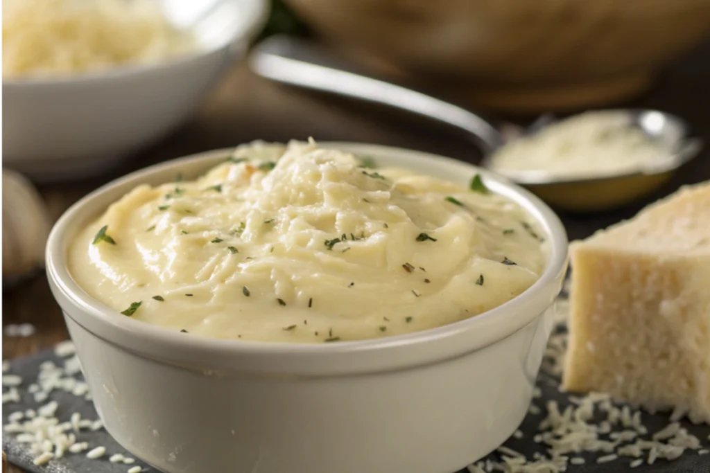 Creamy homemade garlic parmesan sauce in a pan.