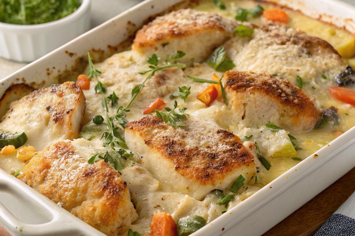 A golden, bubbly million dollar chicken casserole fresh from the oven.