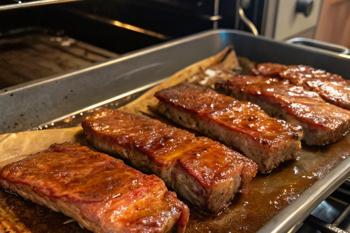 Seasoned boneless beef ribs in a baking dish ready for the oven.