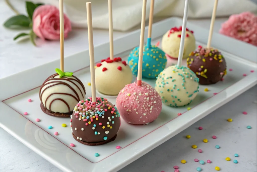 Cake pops on sticks with colorful sprinkles, showing the trick to making cake pops.