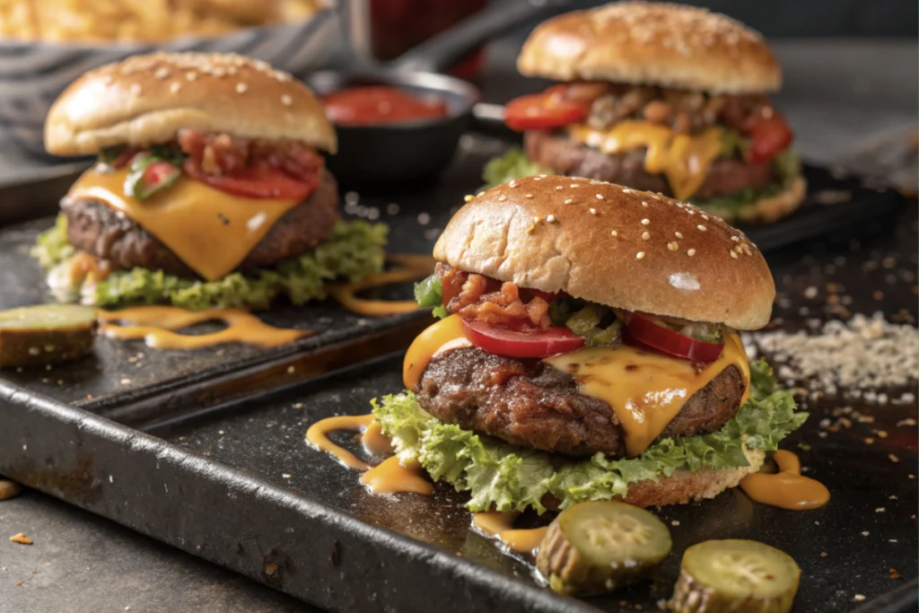 Smash burgers on Blackstone being cooked with various toppings.