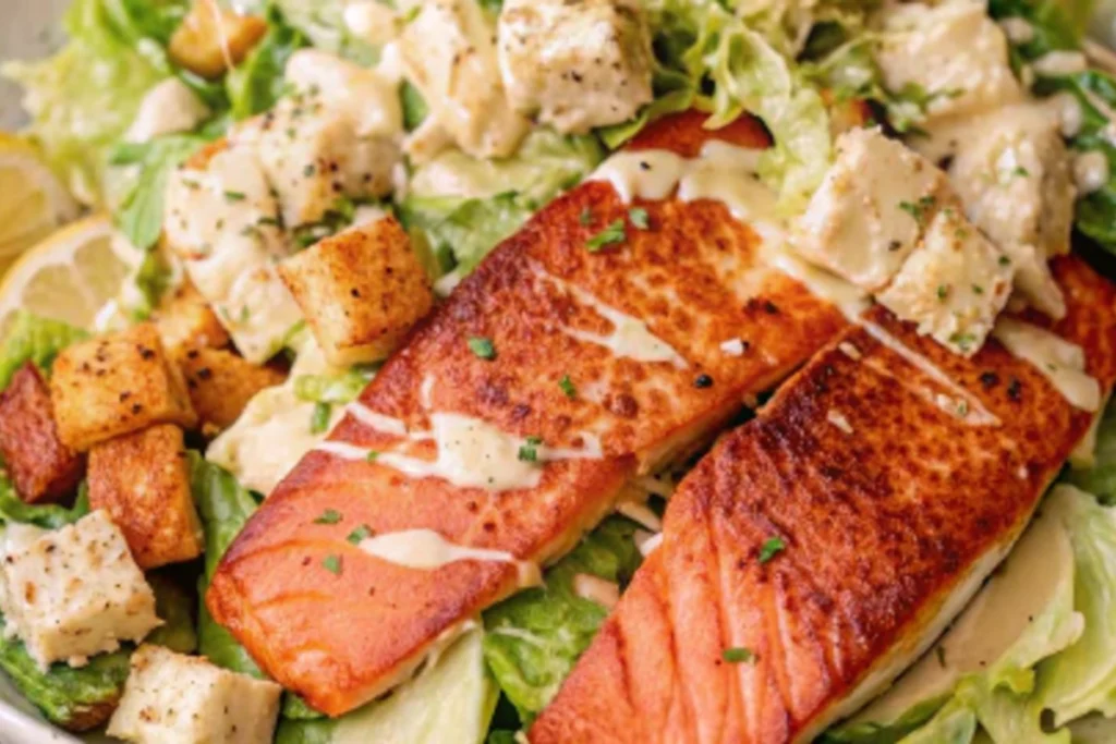 Salmon Caesar Salad is a delicious meal.