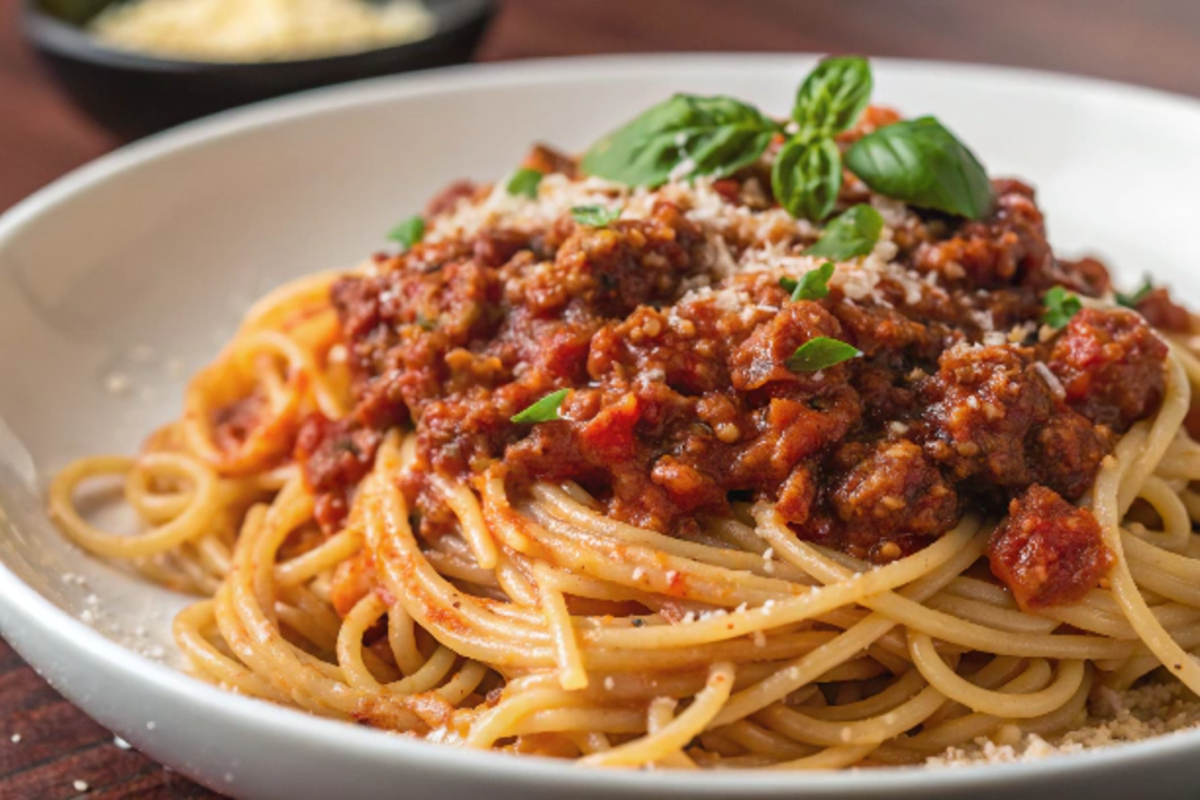 Traditional spaghetti bolognese served on a plate.