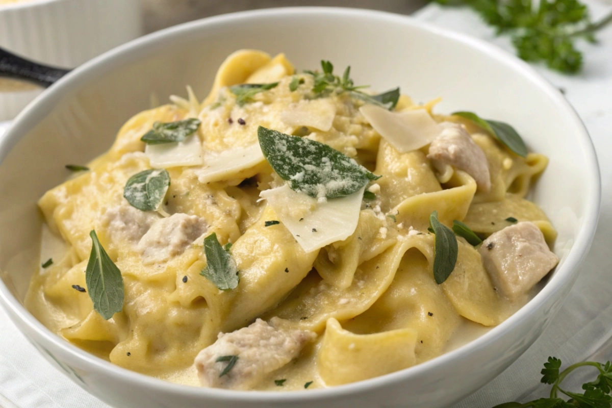 Chicken tortelloni alfredo dish.