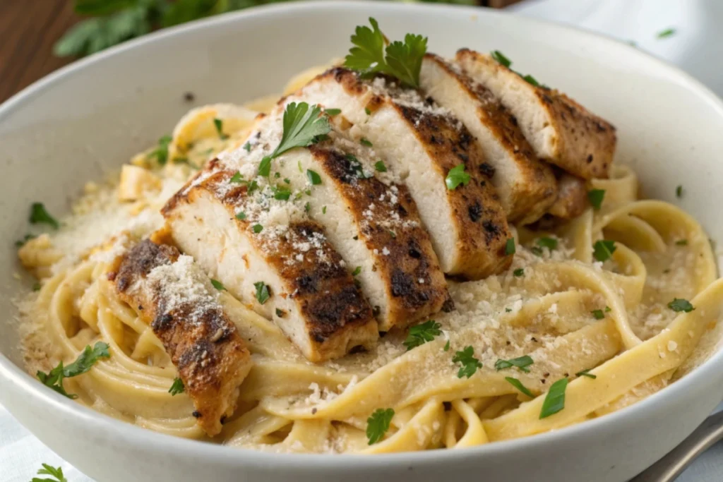 Blackened chicken alfredo close-up.