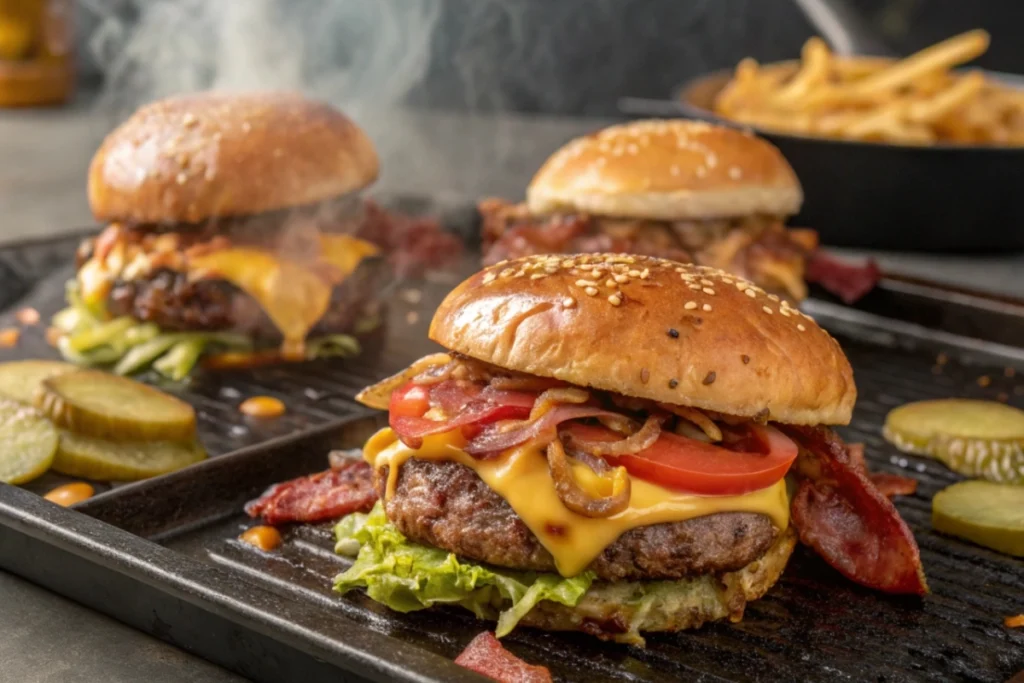 Blackstone Smash Burgers sizzling on a hot griddle.