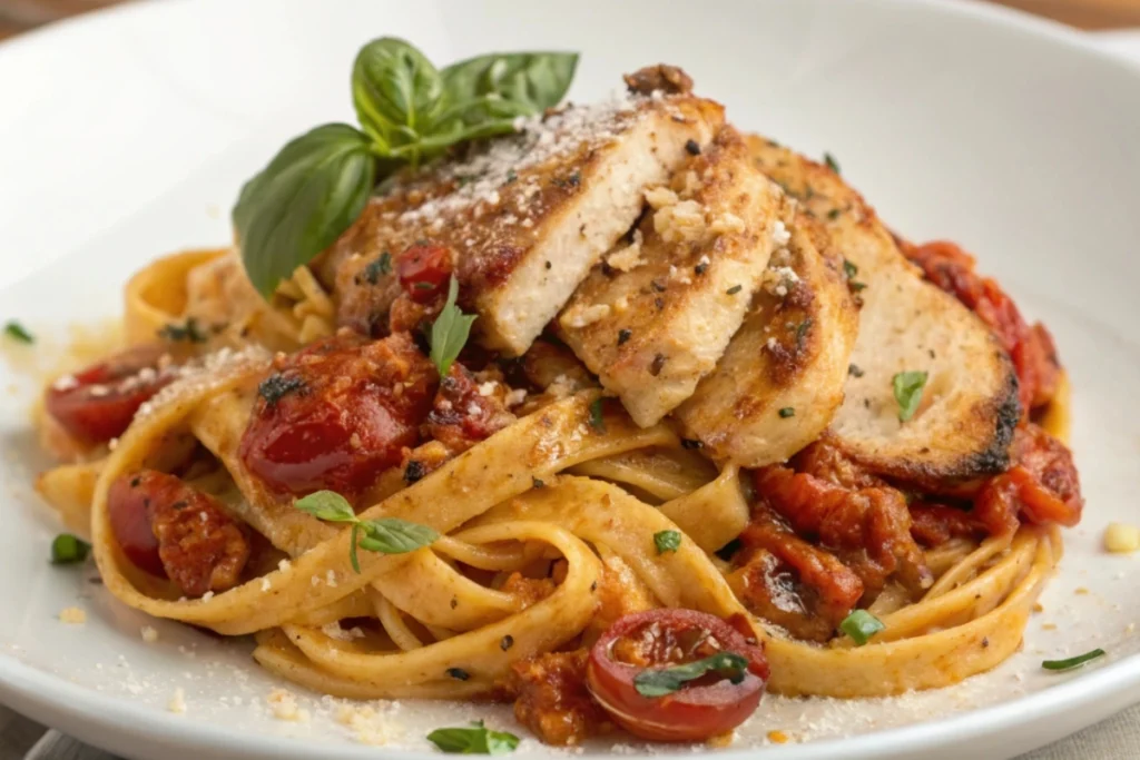 Creamy tomato sundried pasta chicken recipe close-up.