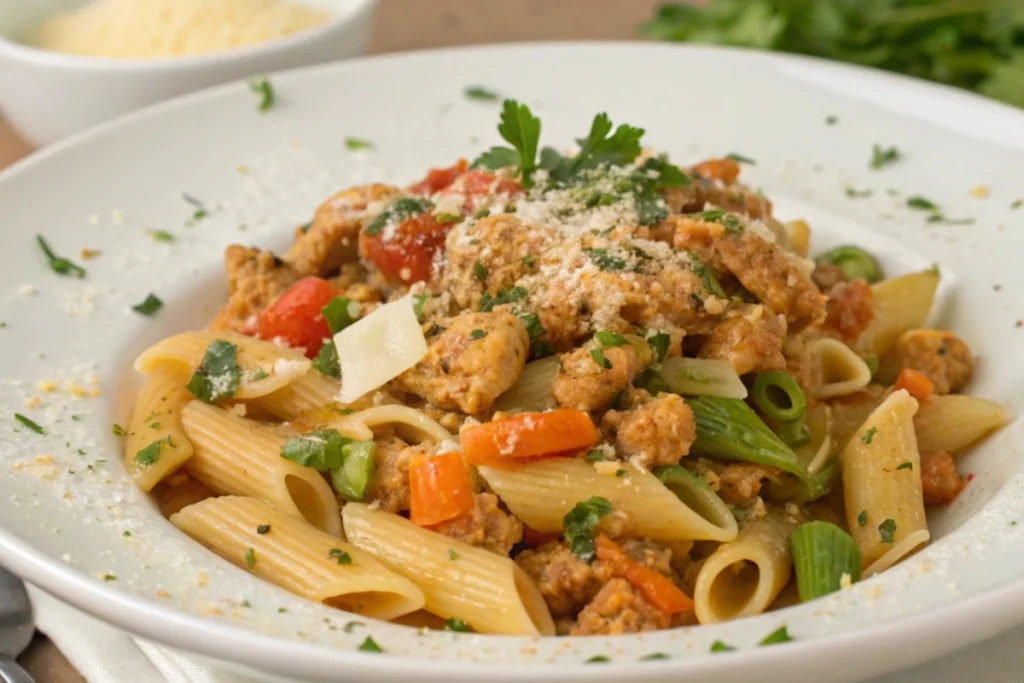 Delicious ground chicken pasta dish.