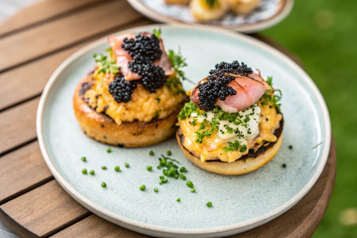 Crumpets with caviar on a plate.