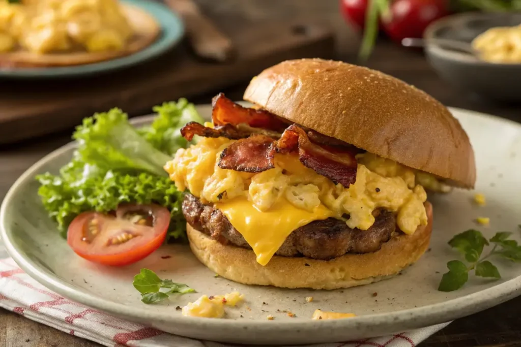 Savory Breakfast Burger with egg and bacon.