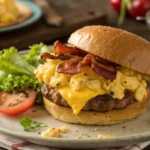 Savory Breakfast Burger with egg and bacon.