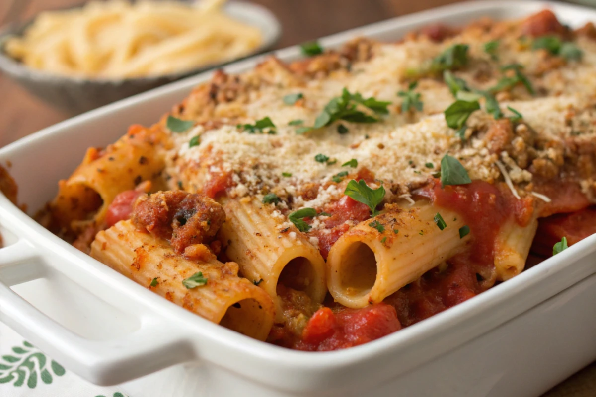 Vegan baked ziti dish with melted cheese on top.