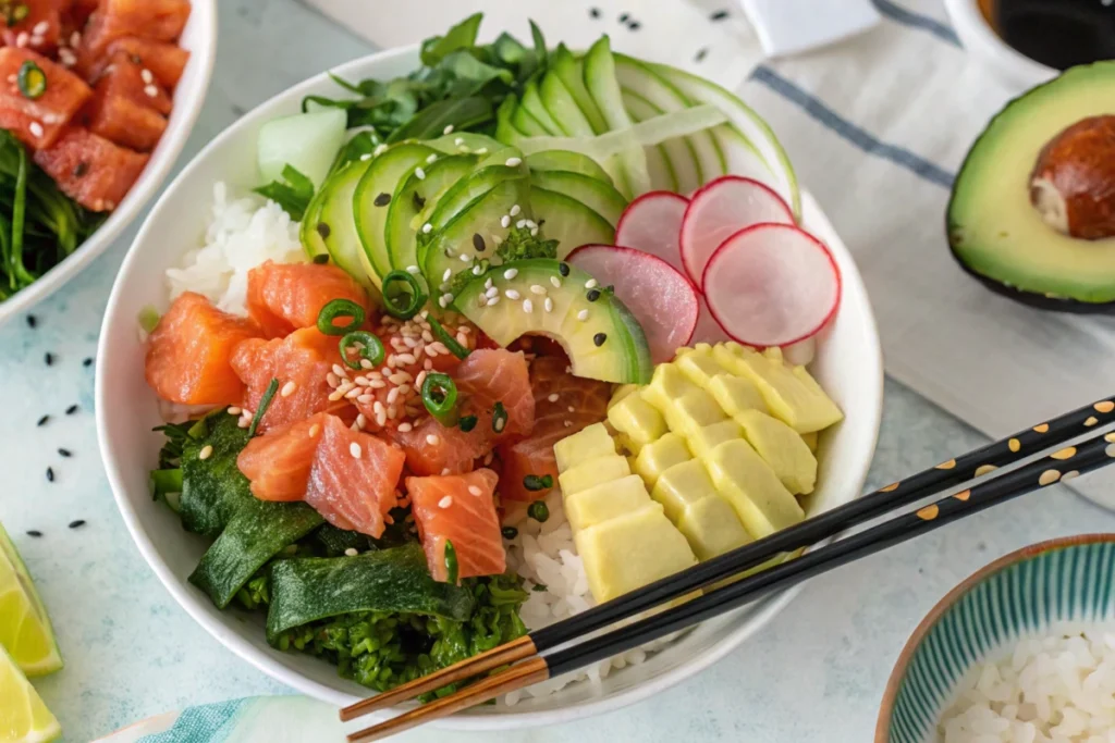 Delicious salmon poke recipe served in a bowl.