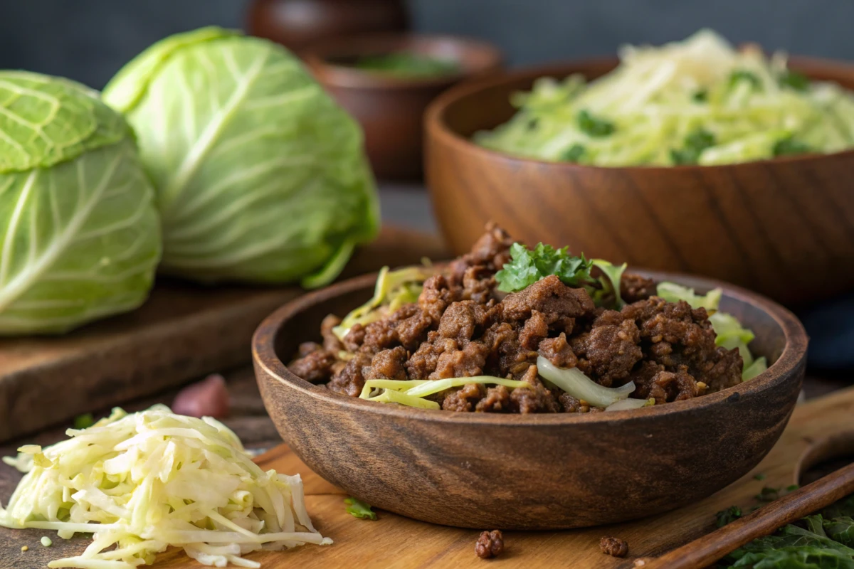 Naturally delicious ground beef and cabbage meal in a bowl.