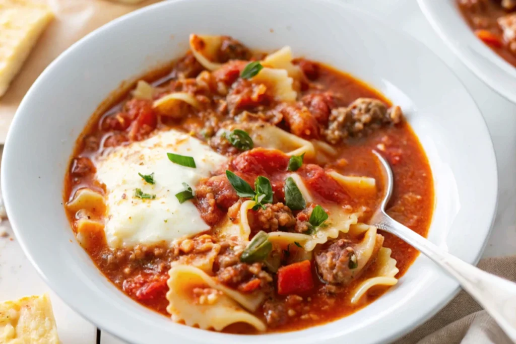 Delicious lasagna soup in crockpot being served.