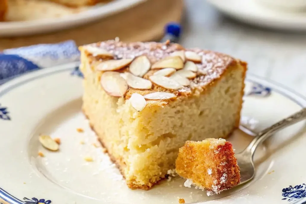 Delicious moist almond cake on a plate.